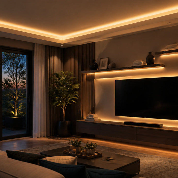 Living room with warm LED lighting around the ceiling, shelves, and television