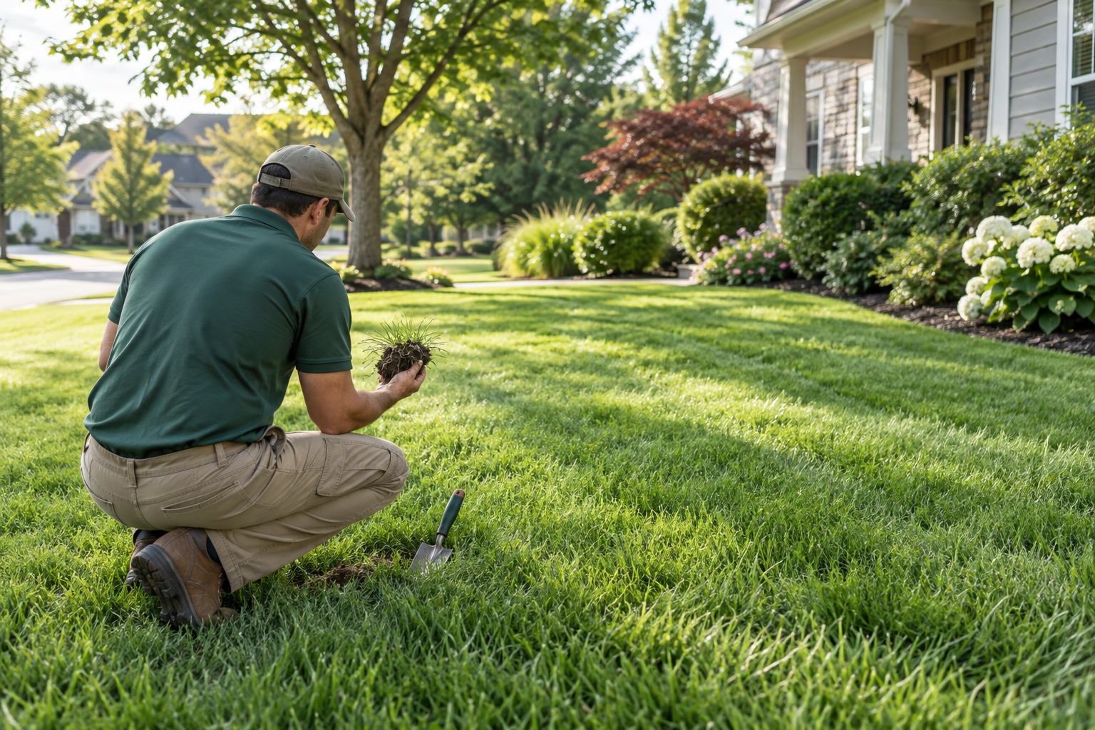 Lawn-care professional inspecting healthy turf in a suburban yard