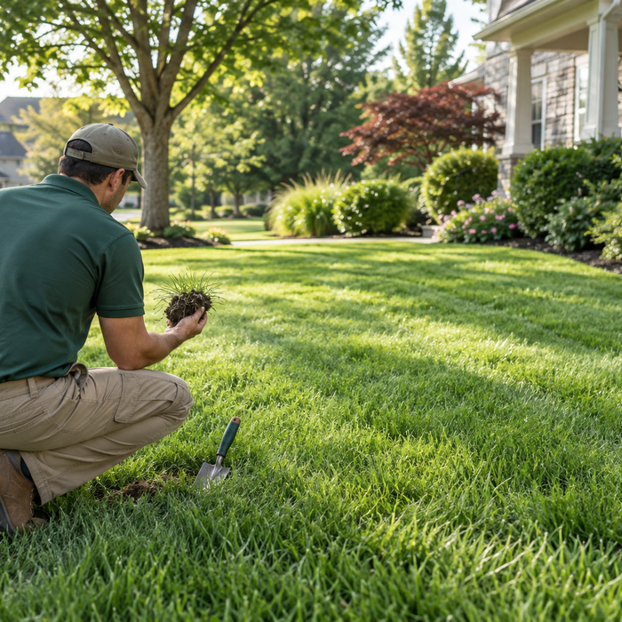 Lawn-care professional inspecting healthy turf in a suburban yard