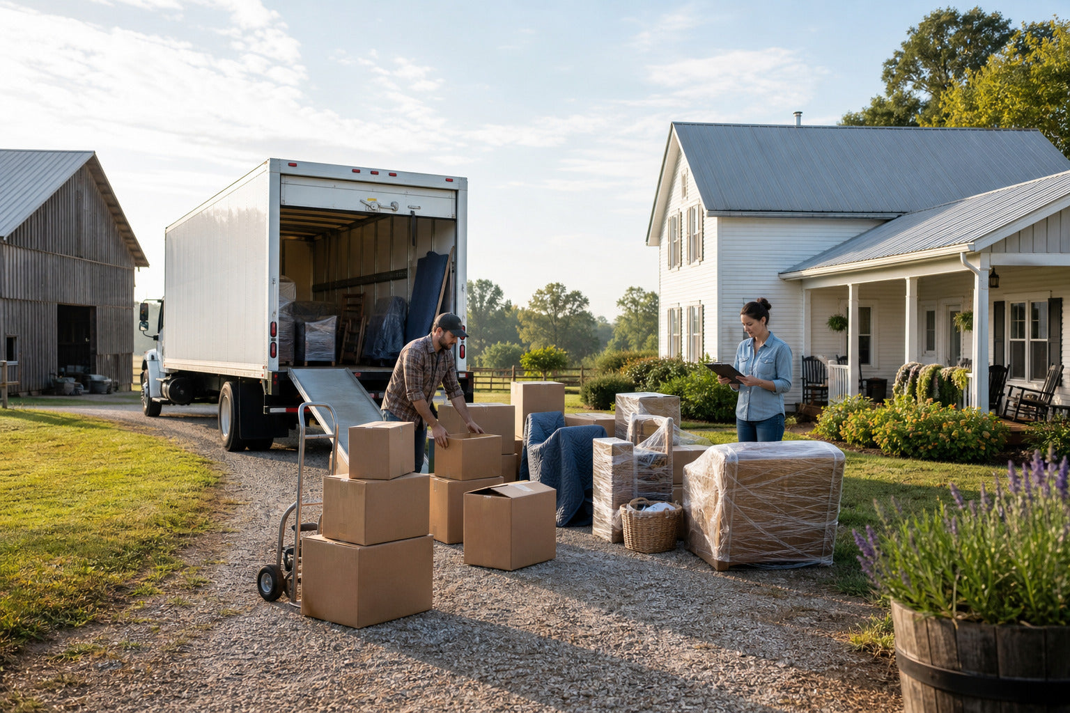 Homeowners organizing boxes beside a moving truck at a rural home