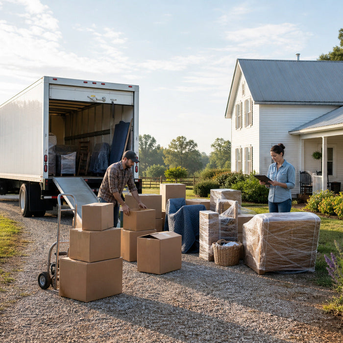 Homeowners organizing boxes beside a moving truck at a rural home