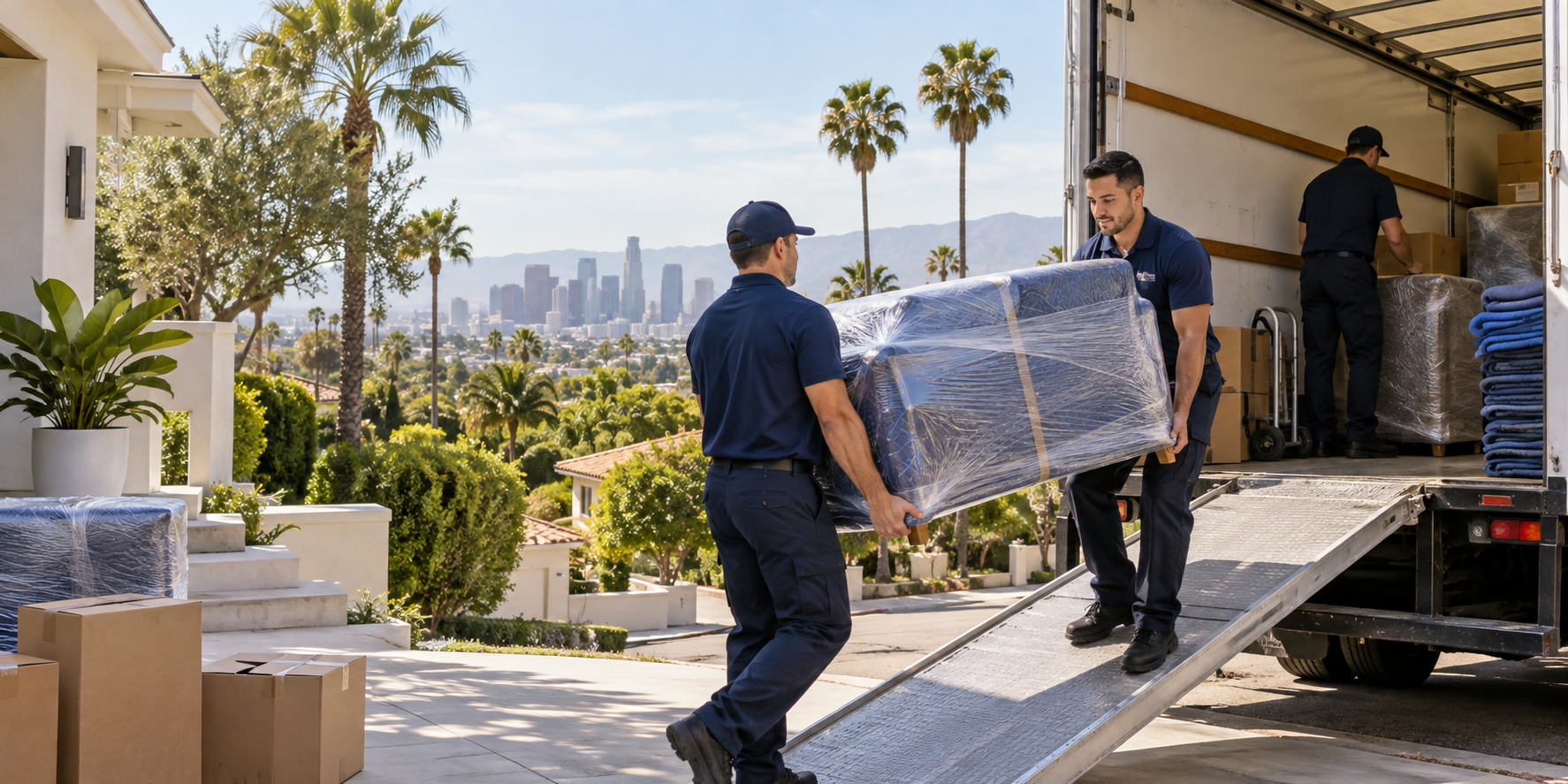 Professional movers loading wrapped furniture outside a Los Angeles home