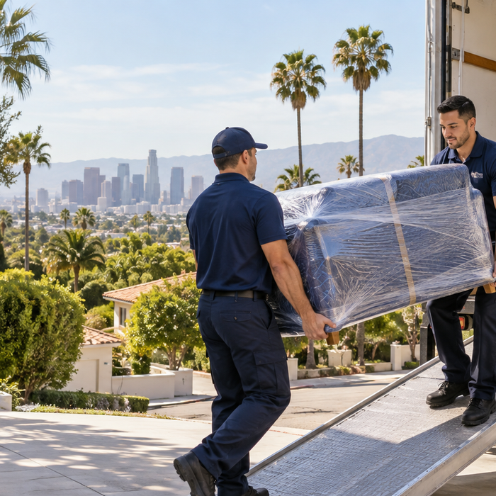 Professional movers loading wrapped furniture outside a Los Angeles home