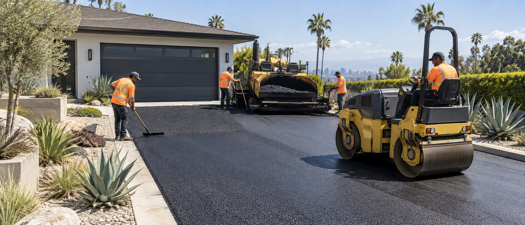 Paving crew installing a residential asphalt driveway in Los Angeles