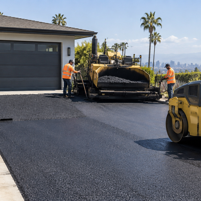 Paving crew installing a residential asphalt driveway in Los Angeles