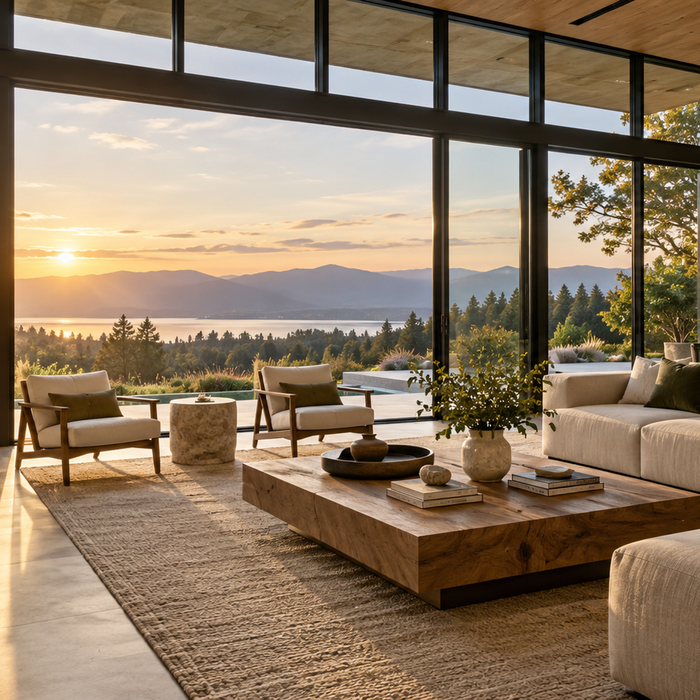 Luxury living room with expansive floor-to-ceiling windows
