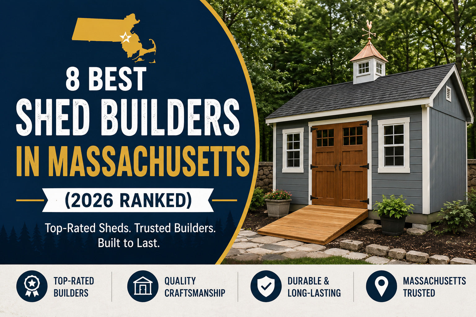 Guide graphic for eight shed builders in Massachusetts beside a storage shed