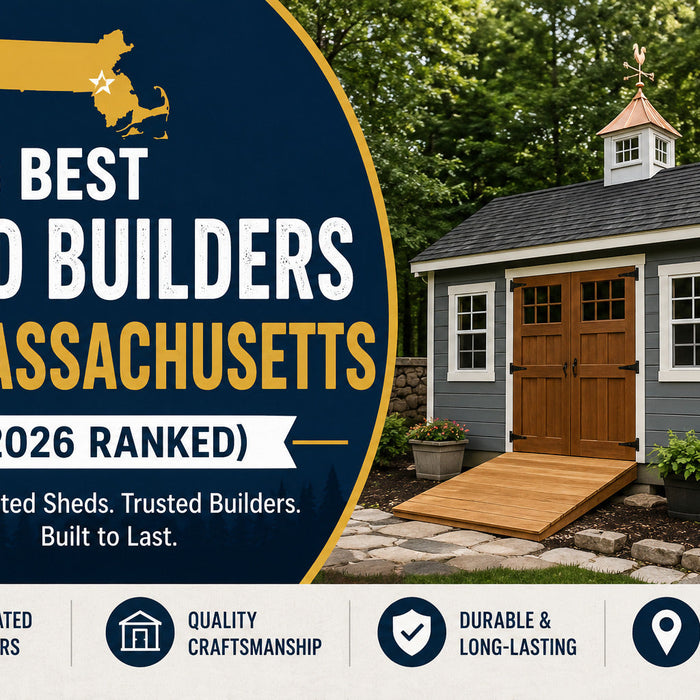 Guide graphic for eight shed builders in Massachusetts beside a storage shed