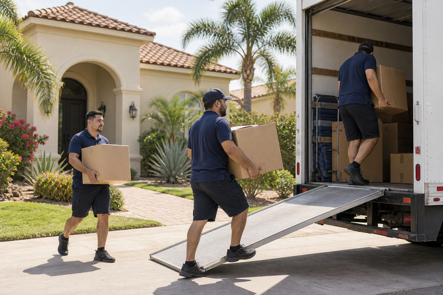 Professional movers loading boxes outside a McAllen home