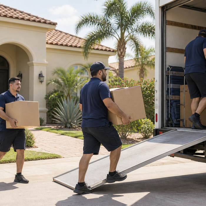 Professional movers loading boxes outside a McAllen home