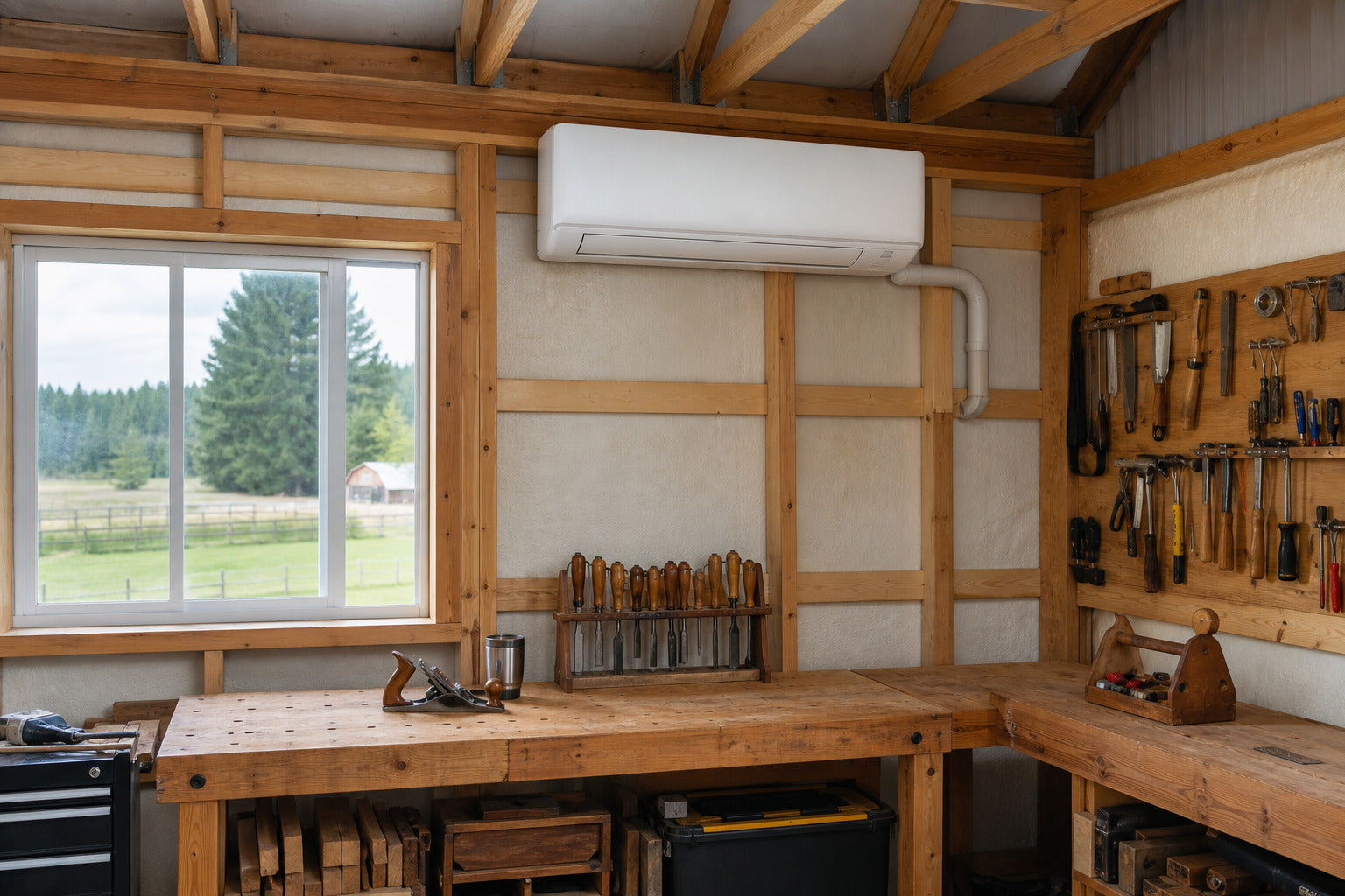 Wall-mounted mini-split installed in a homestead workshop