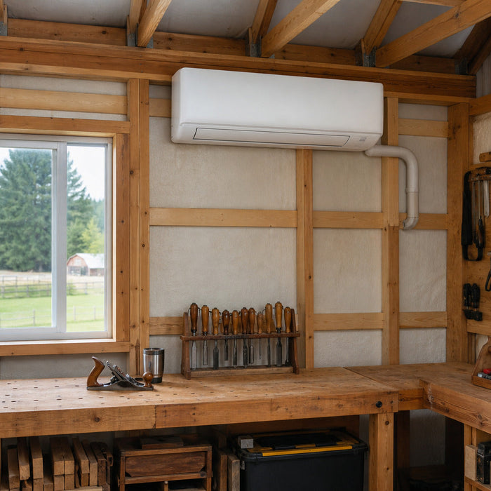 Wall-mounted mini-split installed in a homestead workshop