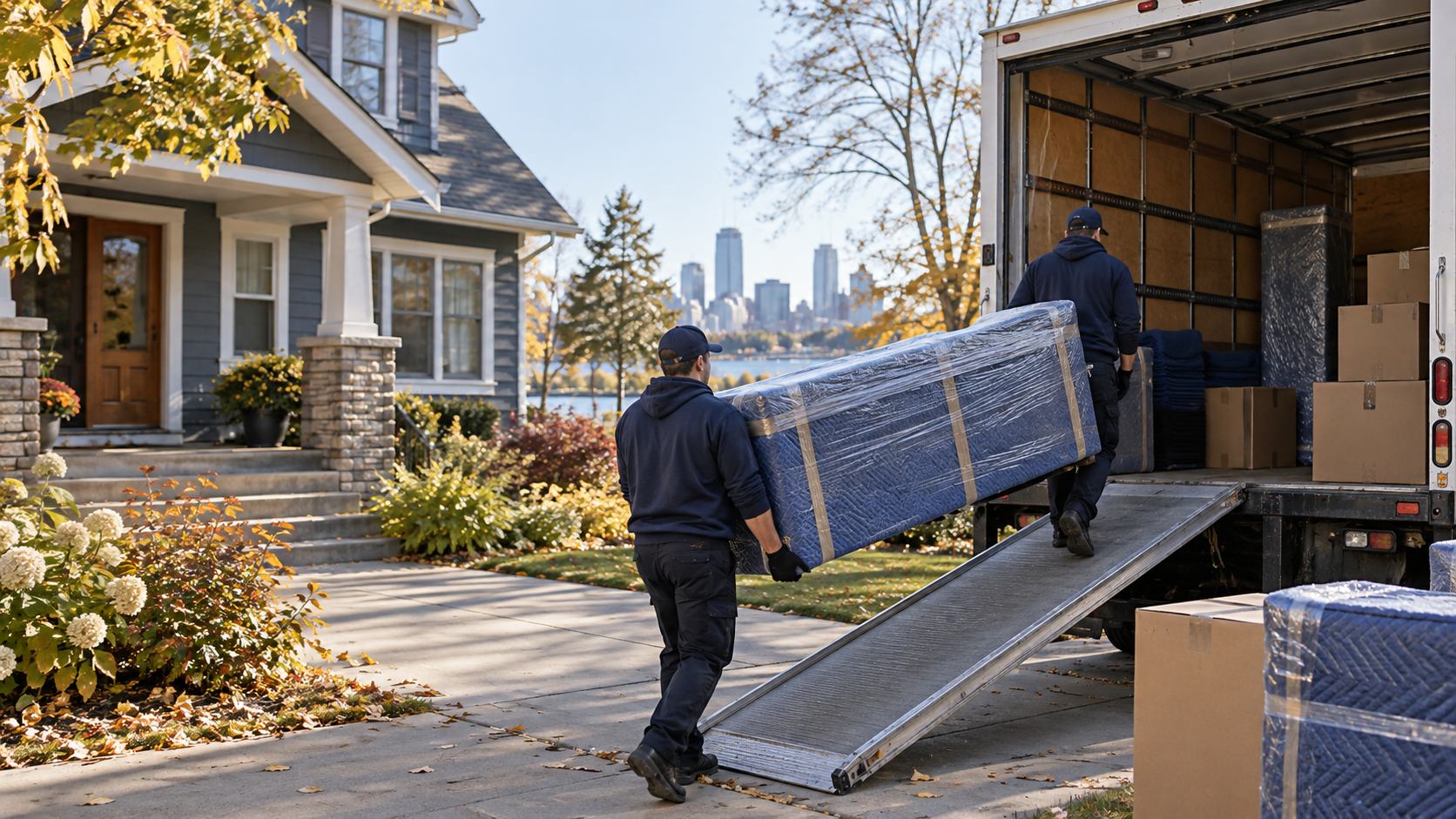 Professional movers loading furniture outside a Minneapolis home
