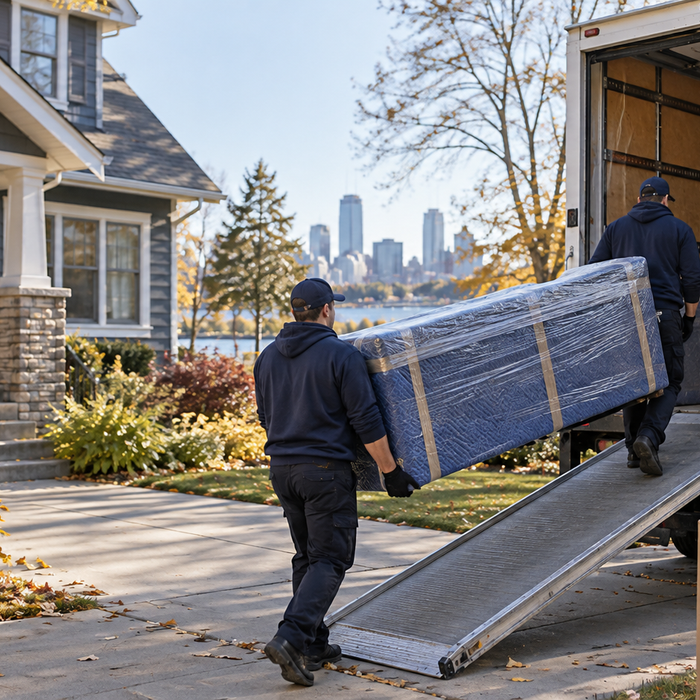Professional movers loading furniture outside a Minneapolis home