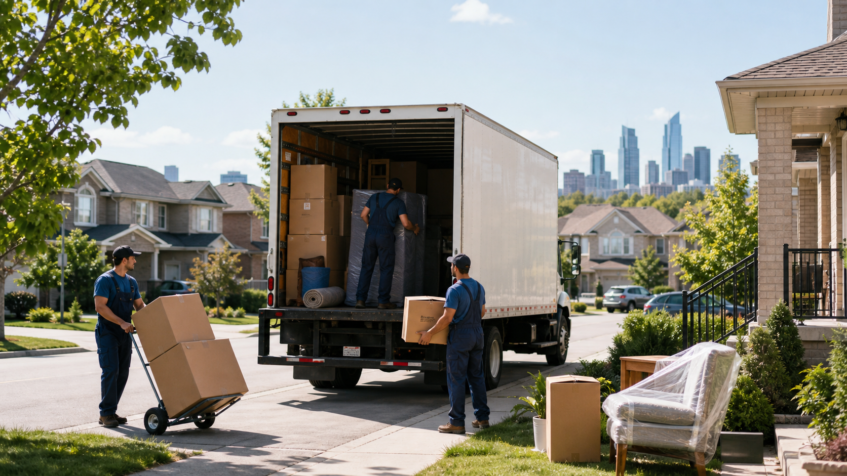 Professional movers loading a truck outside a Mississauga home