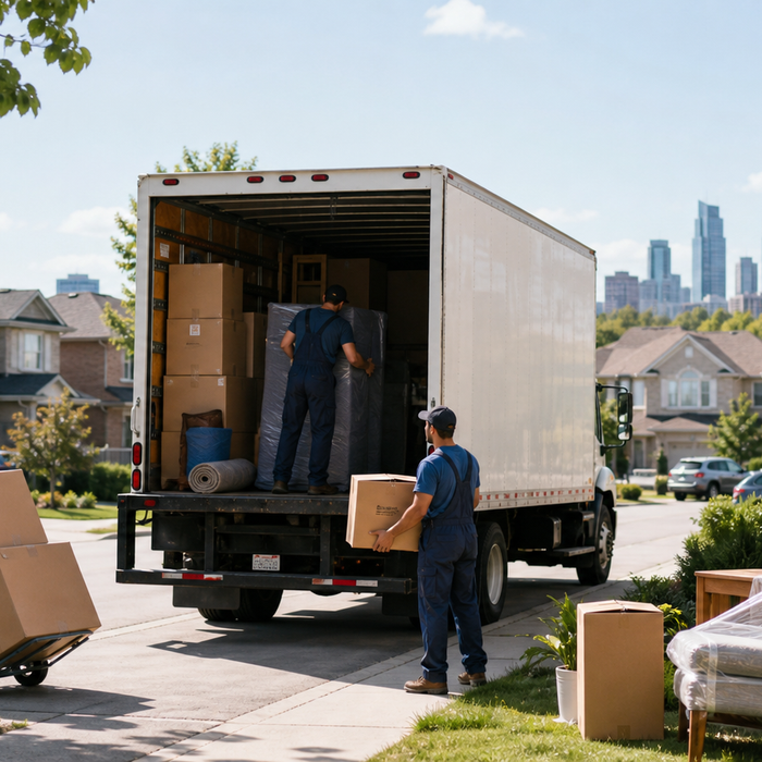 Professional movers loading a truck outside a Mississauga home