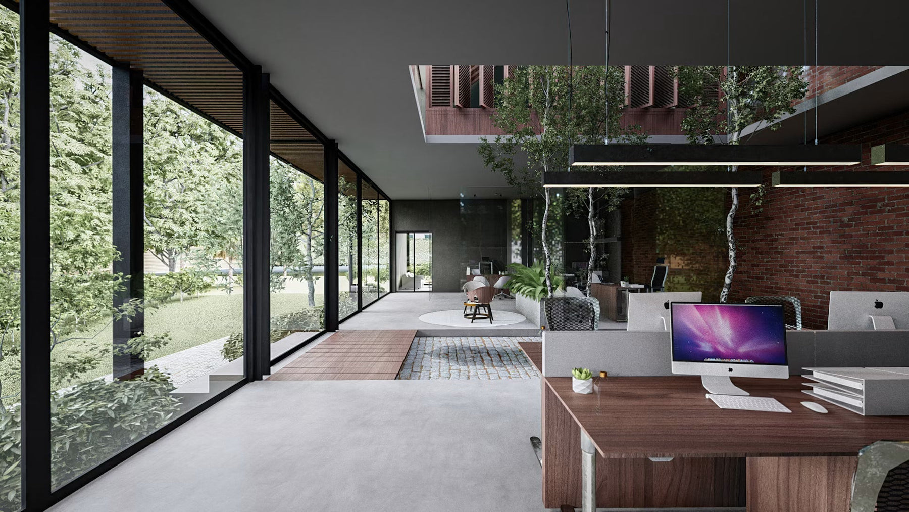 Modern home workspace with natural light and an open floor plan