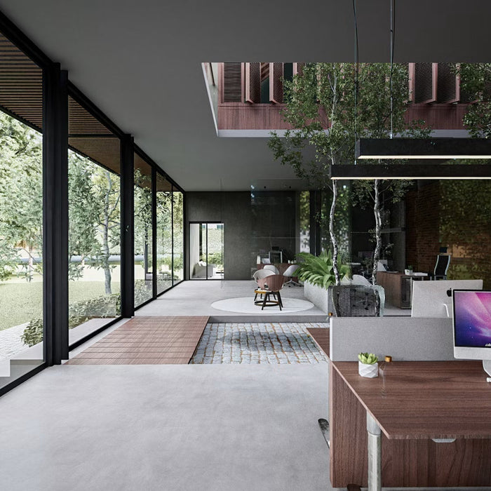 Modern home workspace with natural light and an open floor plan