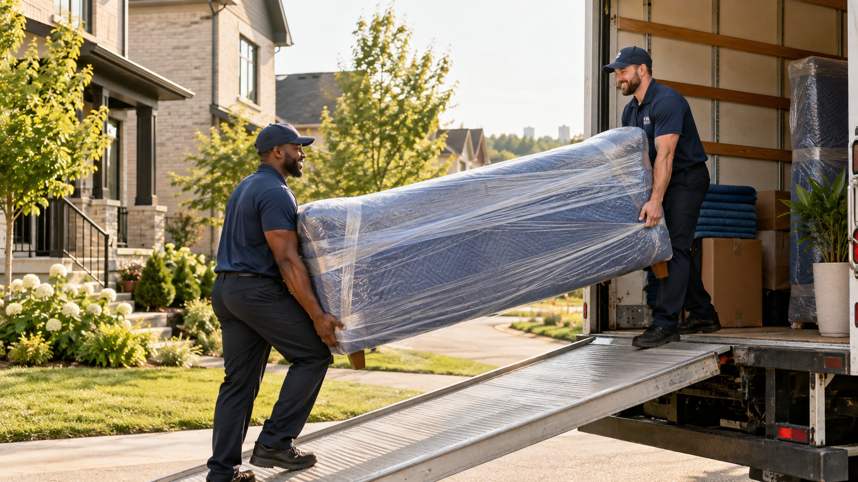 Professional movers loading wrapped furniture outside a Nashville home
