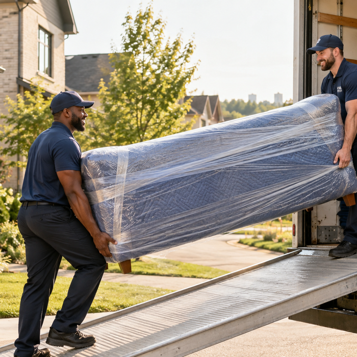 Professional movers loading wrapped furniture outside a Nashville home