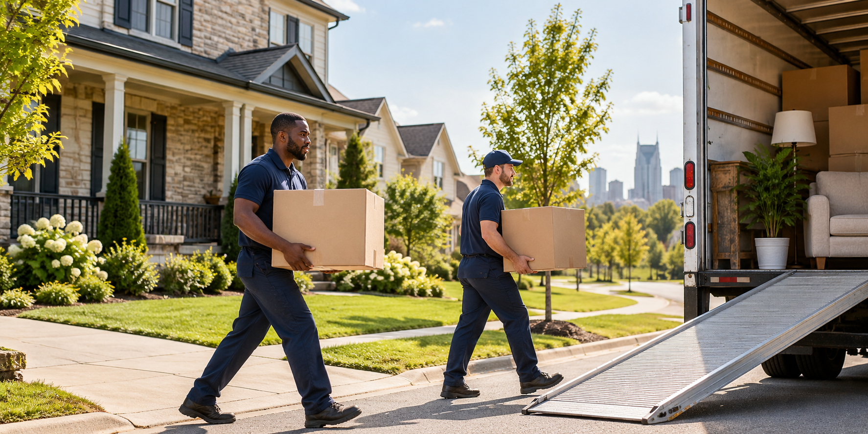 Professional residential movers loading boxes into a truck near a Nashville home