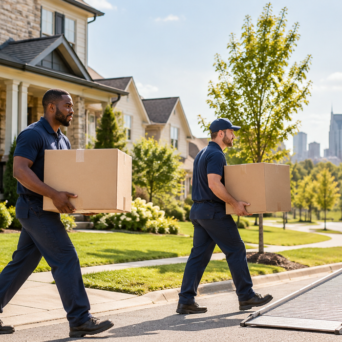 Professional residential movers loading boxes into a truck near a Nashville home