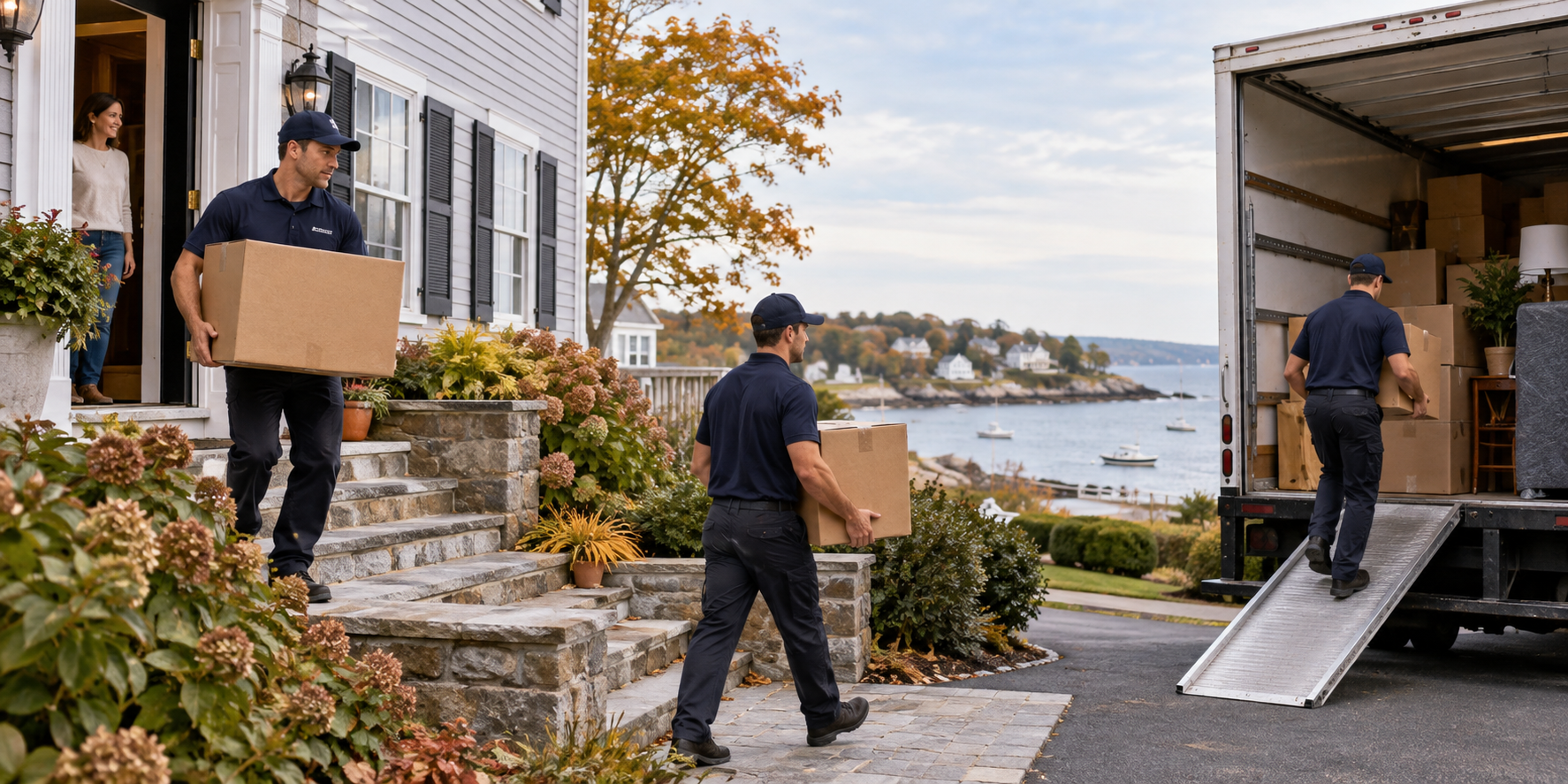 Professional movers carrying boxes from a North Shore Massachusetts home