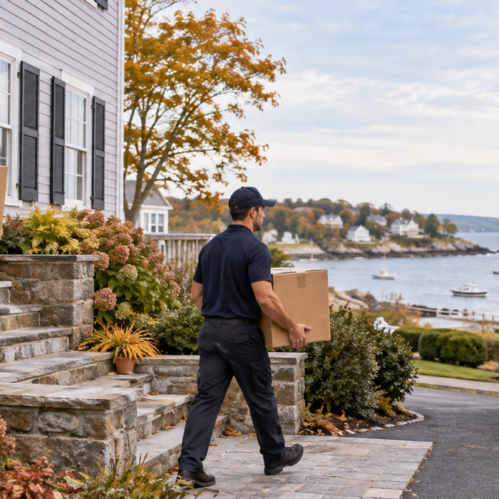 Professional movers carrying boxes from a North Shore Massachusetts home