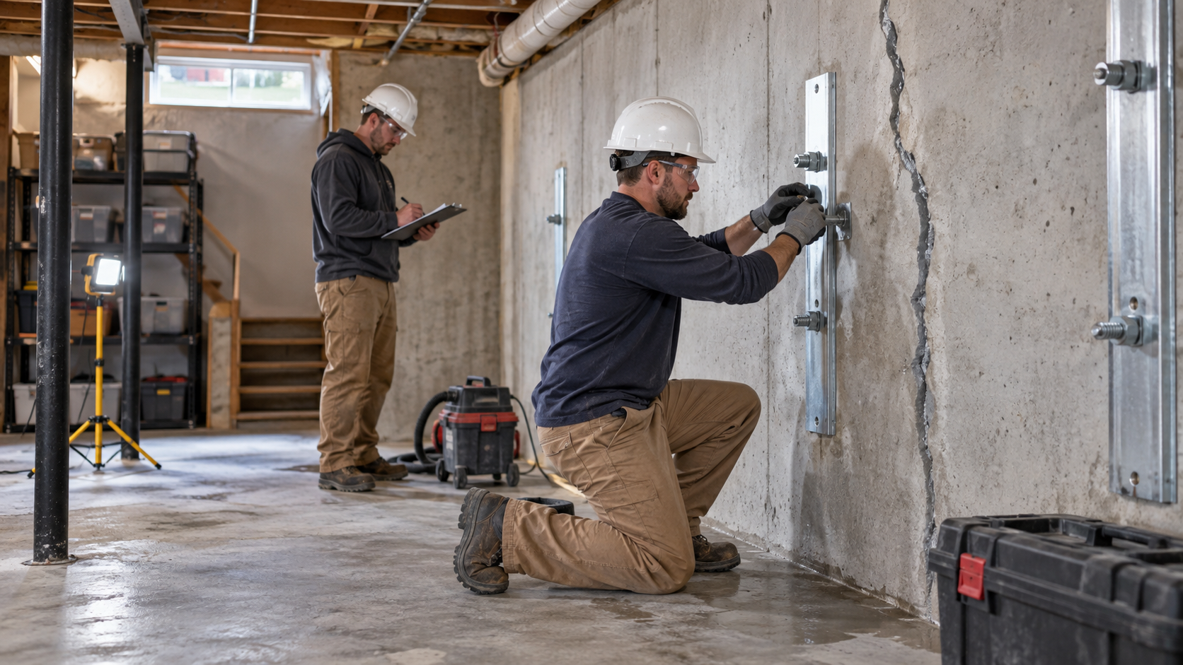 Basement repair professionals inspecting and stabilizing a concrete foundation wall