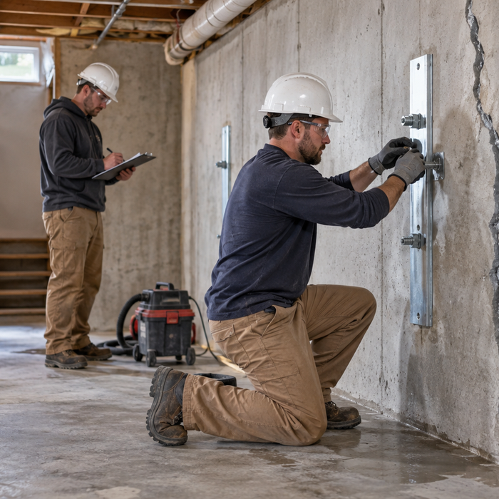 Basement repair professionals inspecting and stabilizing a concrete foundation wall
