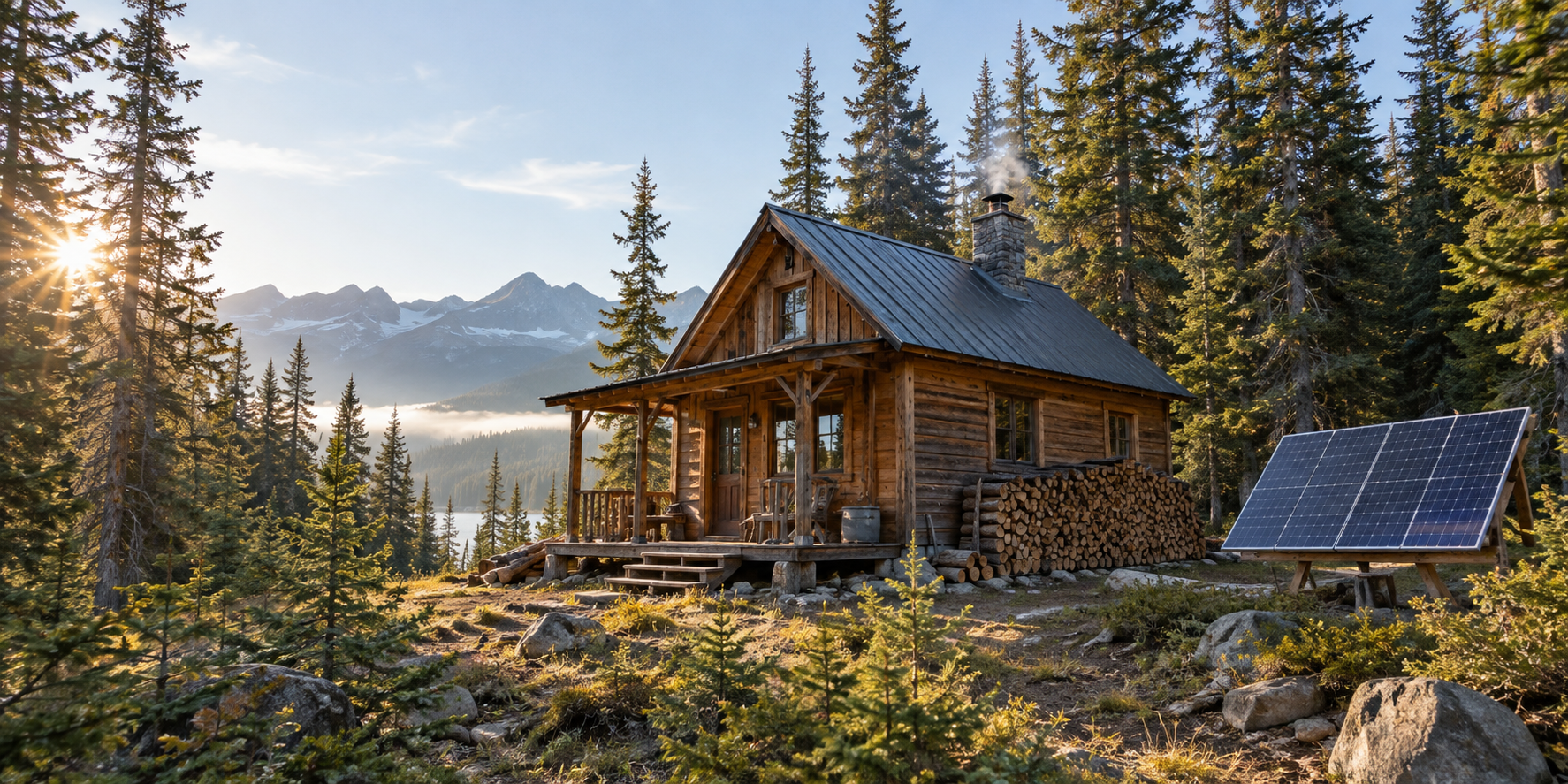 Off-grid timber cabin with solar panels in a conifer forest