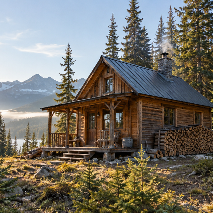 Off-grid timber cabin with solar panels in a conifer forest