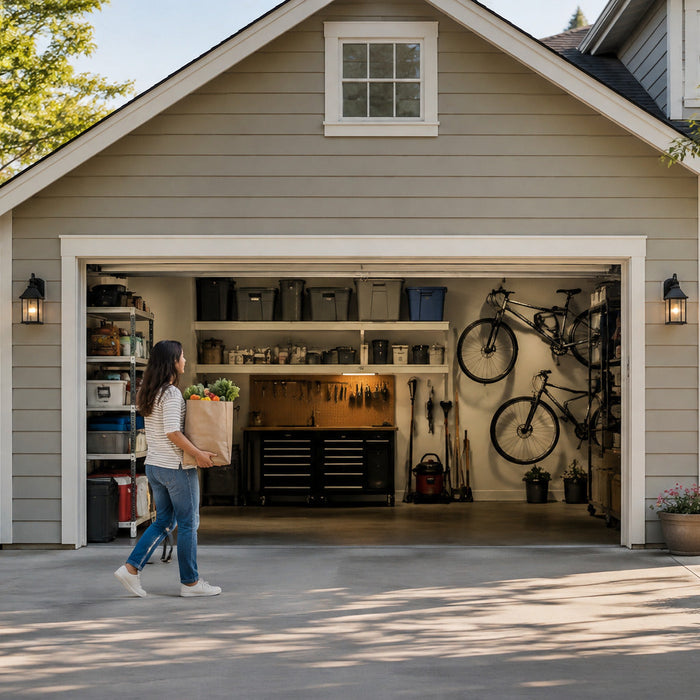 Open garage with wall-mounted bicycles, tools, and household storage