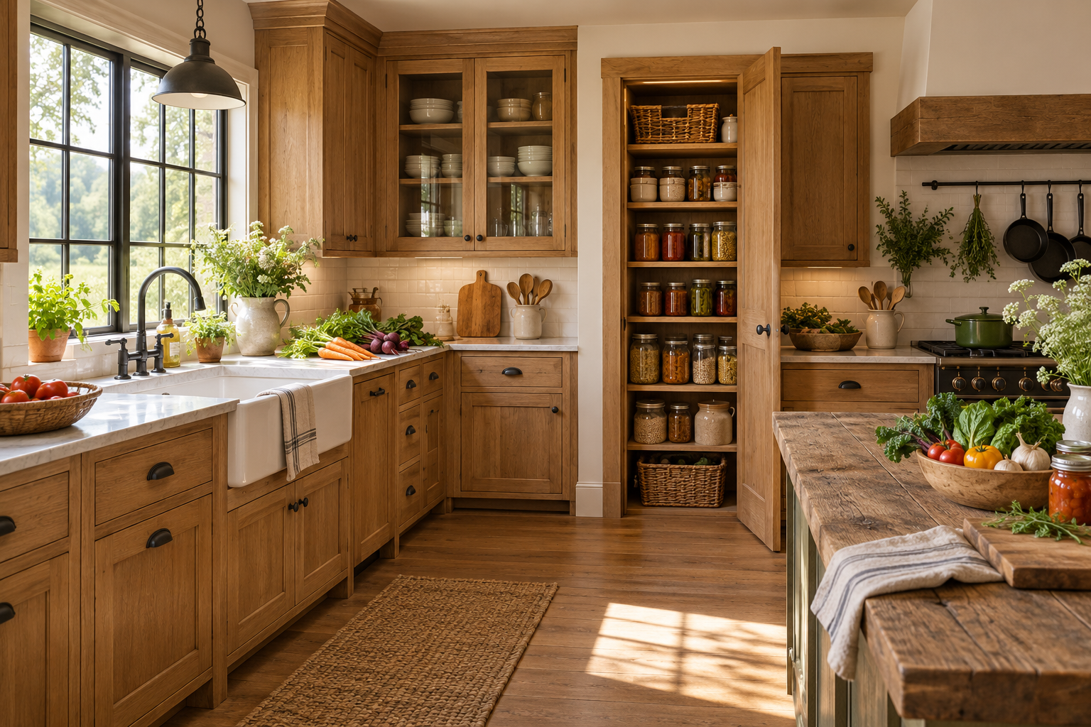 Functional homestead kitchen with natural wood cabinetry and pantry storage