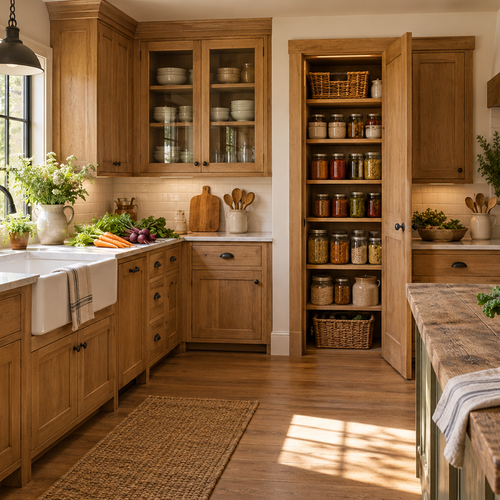 Functional homestead kitchen with natural wood cabinetry and pantry storage