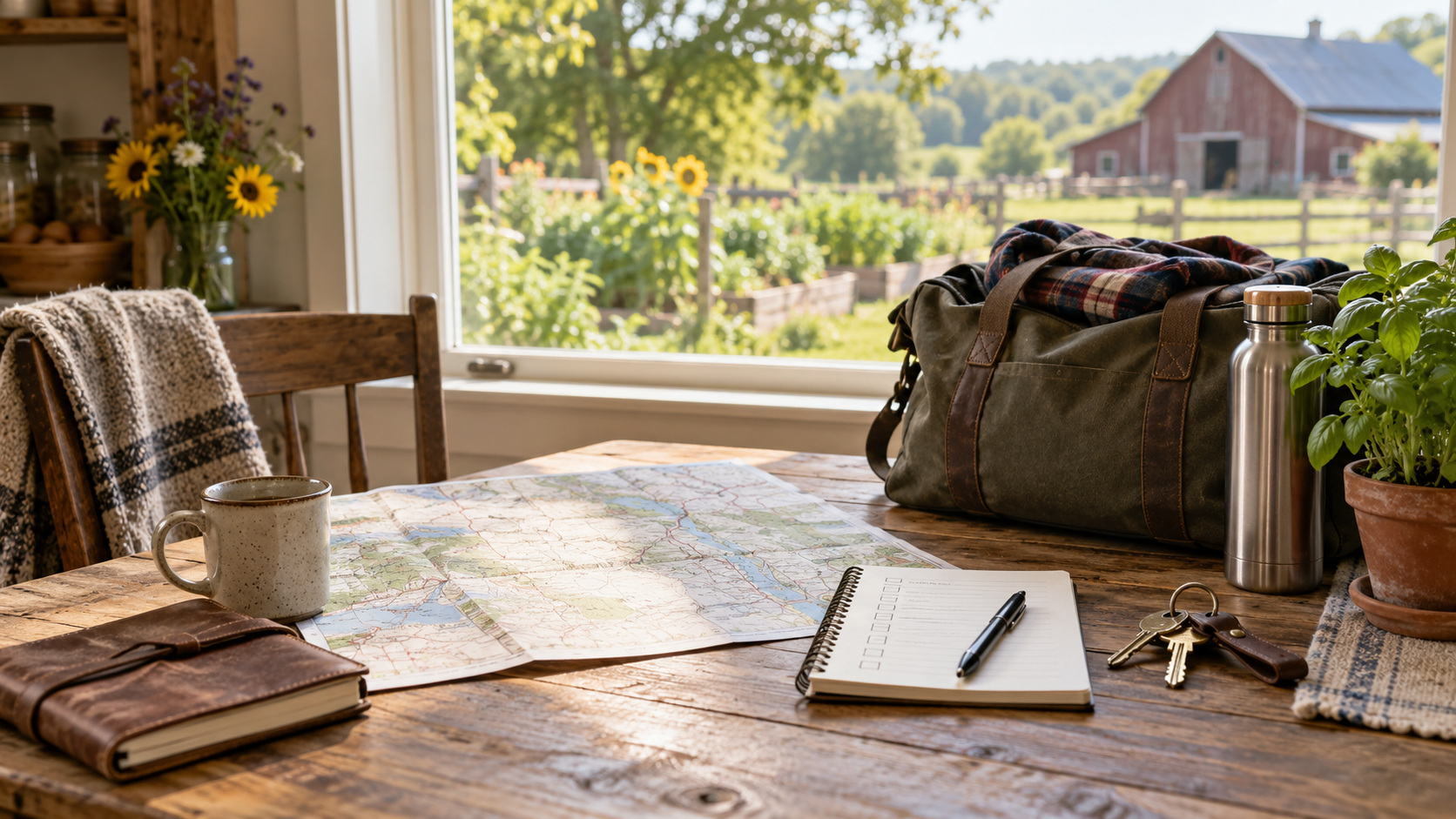 Travel bag, map, and checklist prepared on a homestead table
