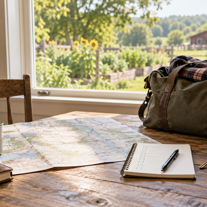 Travel bag, map, and checklist prepared on a homestead table