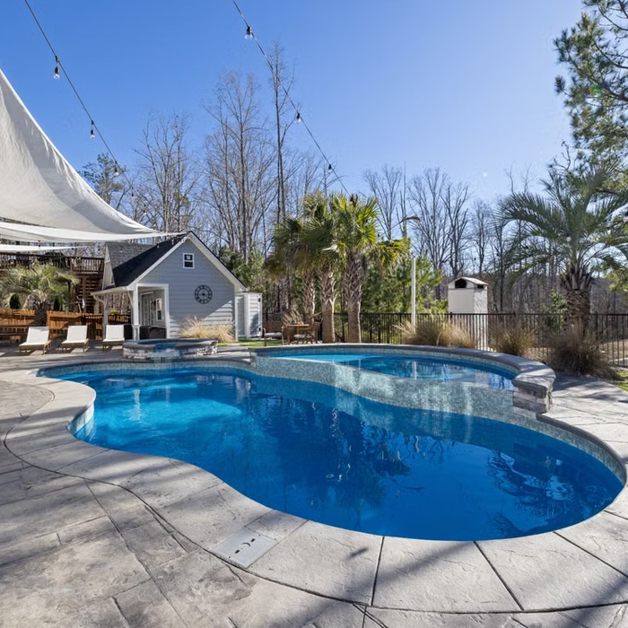 Renovated backyard swimming pool with palm trees and deck