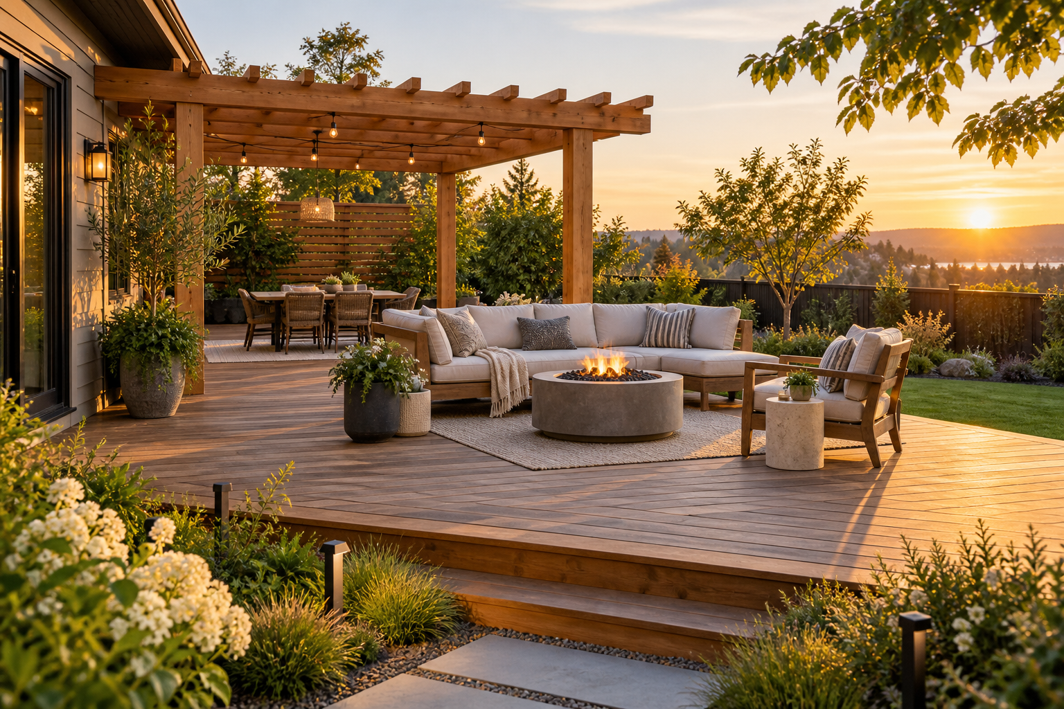 A modern backyard with deck, pergola, fire feature, dining area, and layered landscaping