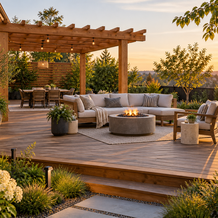 A modern backyard with deck, pergola, fire feature, dining area, and layered landscaping