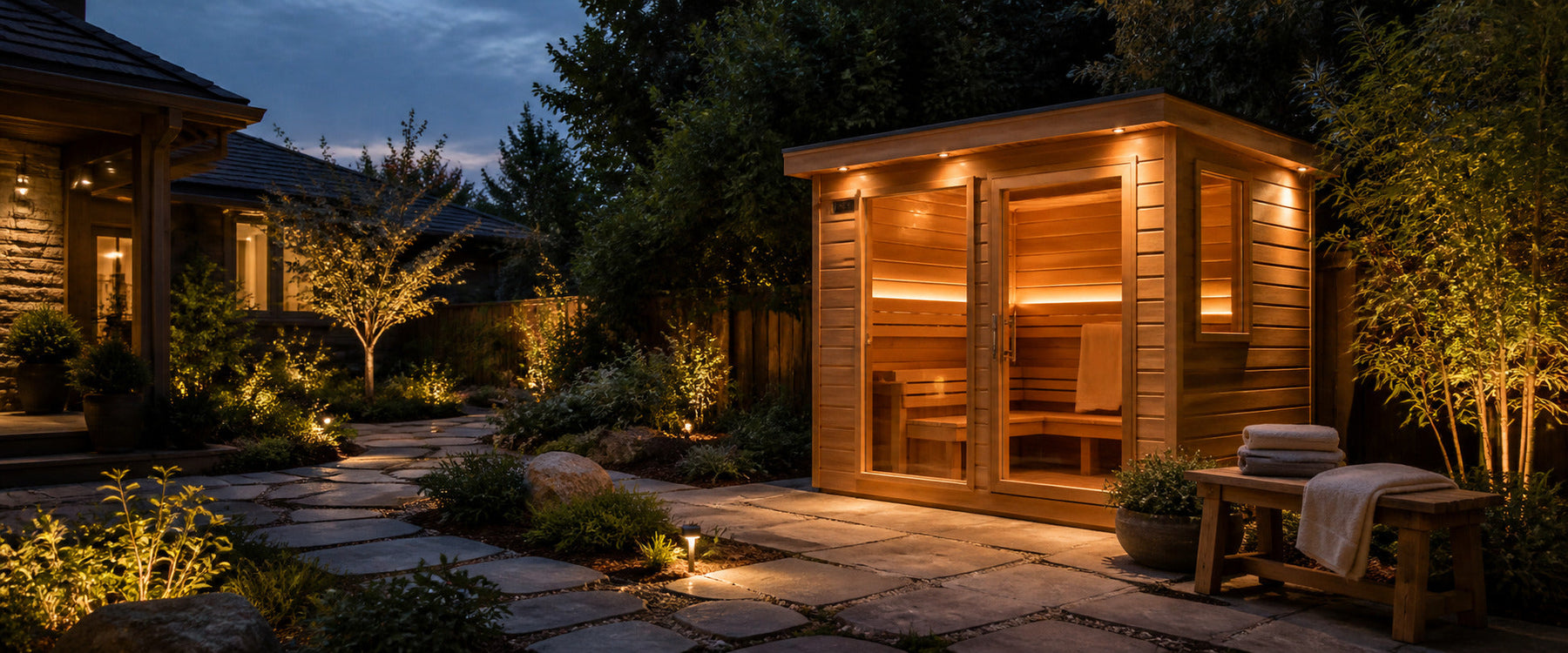 Cedar outdoor sauna beside a stone garden path at dusk