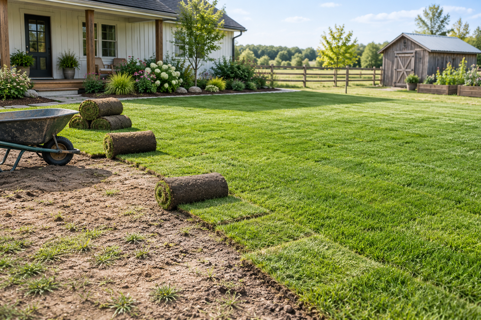 Fresh sod installation transforming a patchy homestead lawn