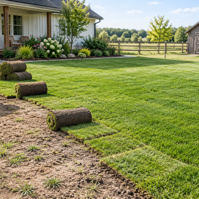 Fresh sod installation transforming a patchy homestead lawn