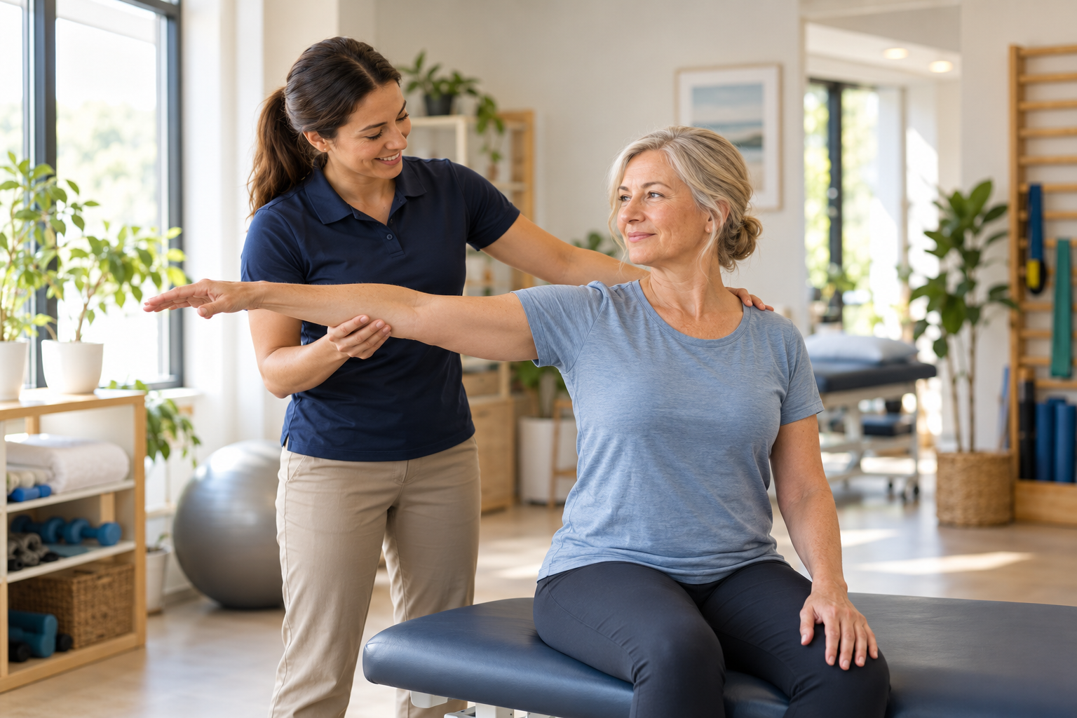 Physiotherapist guiding a patient through a supported shoulder mobility exercise
