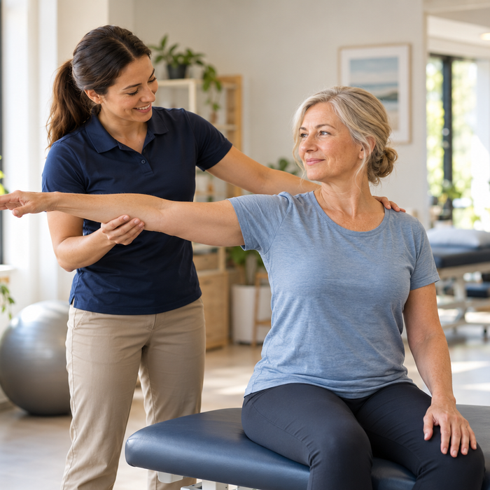 Physiotherapist guiding a patient through a supported shoulder mobility exercise