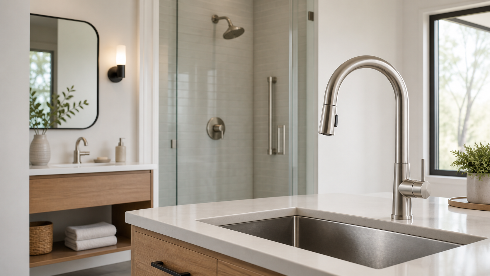 Modern water-efficient kitchen faucet with bathroom fixtures in the background