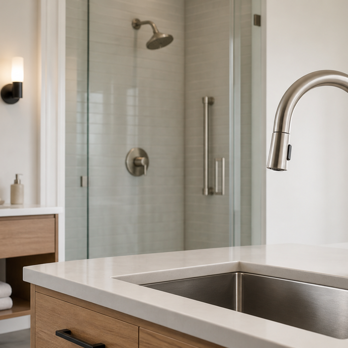 Modern water-efficient kitchen faucet with bathroom fixtures in the background