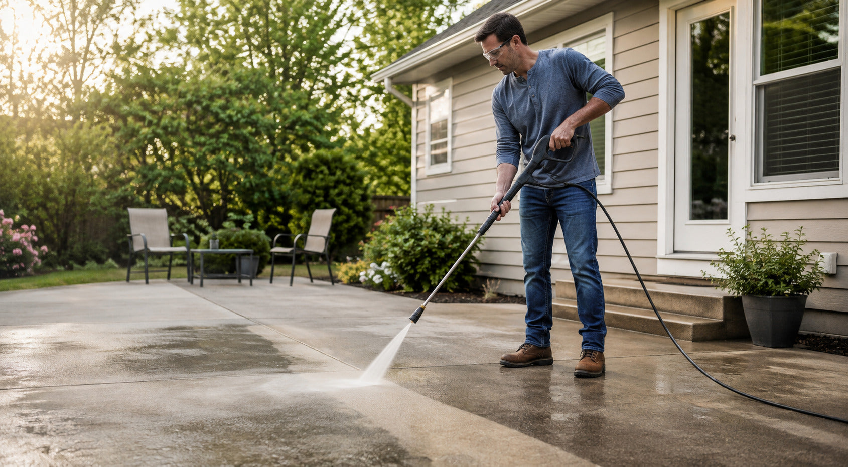 Person pressure-washing a concrete patio beside a house
