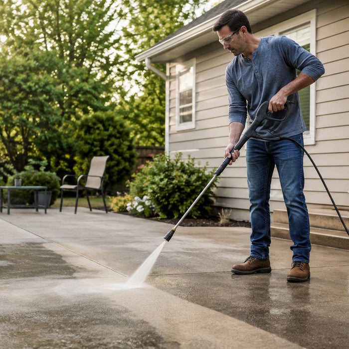 Person pressure-washing a concrete patio beside a house