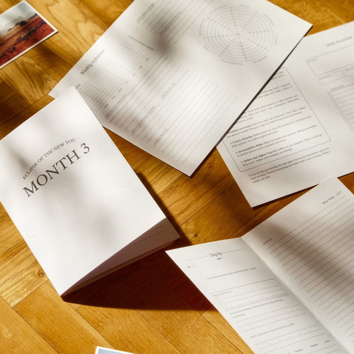 Printed manual pages arranged across a wooden table